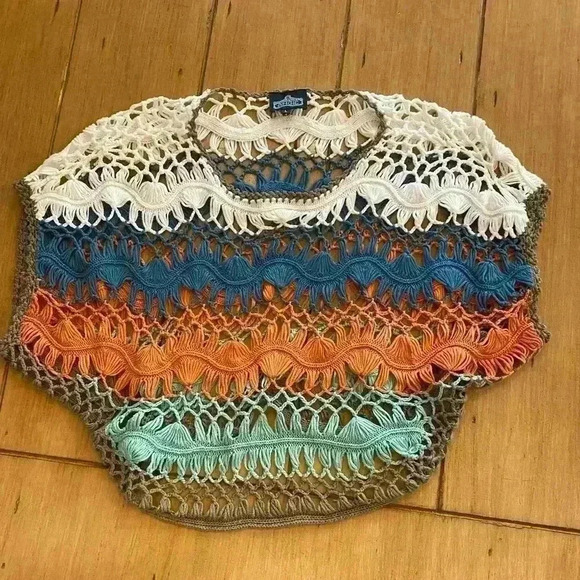 Angies Sweaters - Angie Womens Crocheted Block Color Short Sleeve Top large orange blue aqua